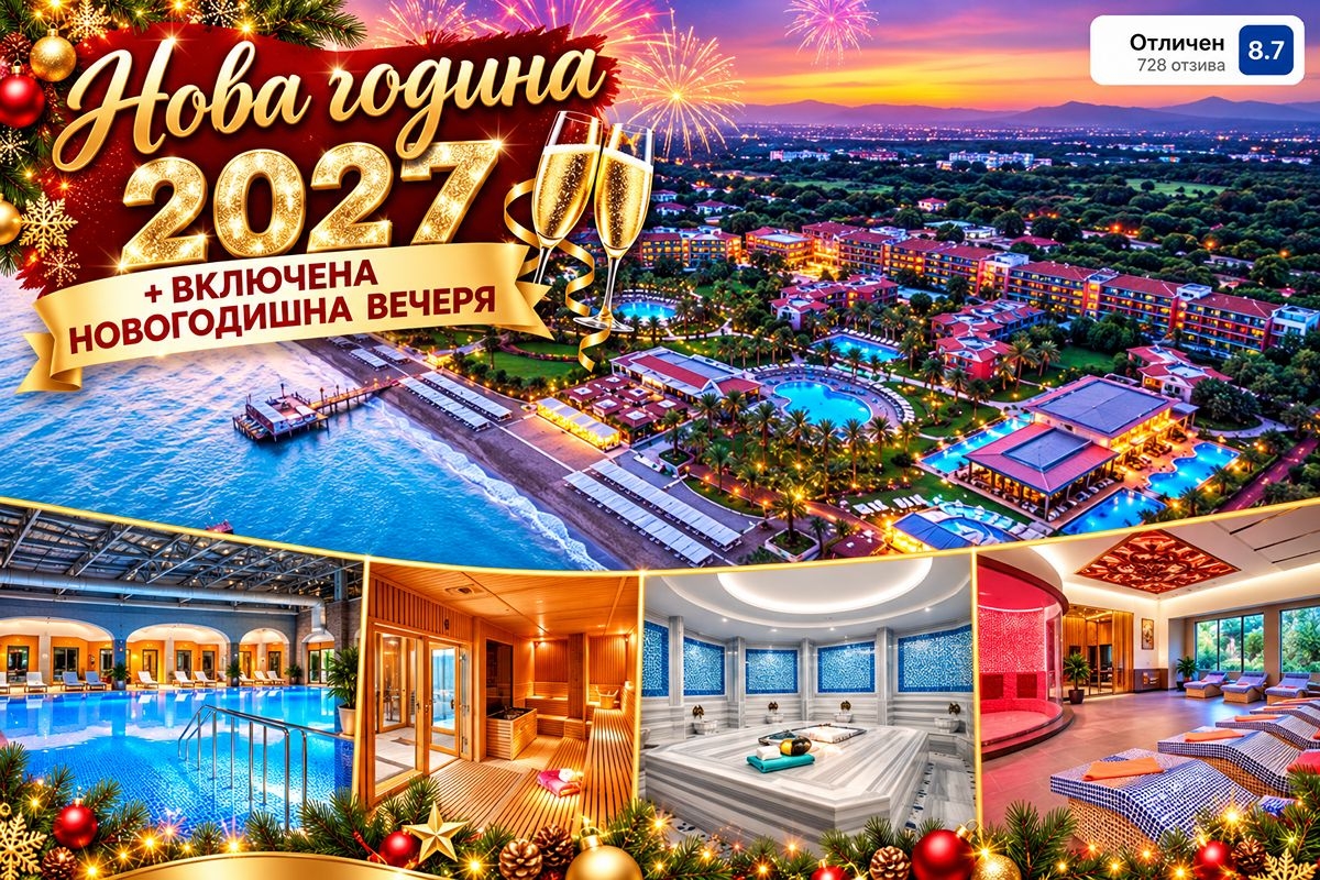 Нова Година в Белек, Турция: Полет от София + 4 или 5 нощувки на човек на база Аll Inclusive + Новогодишна вечеря + релакс пакет в CLUB MEGA SARAY 5*